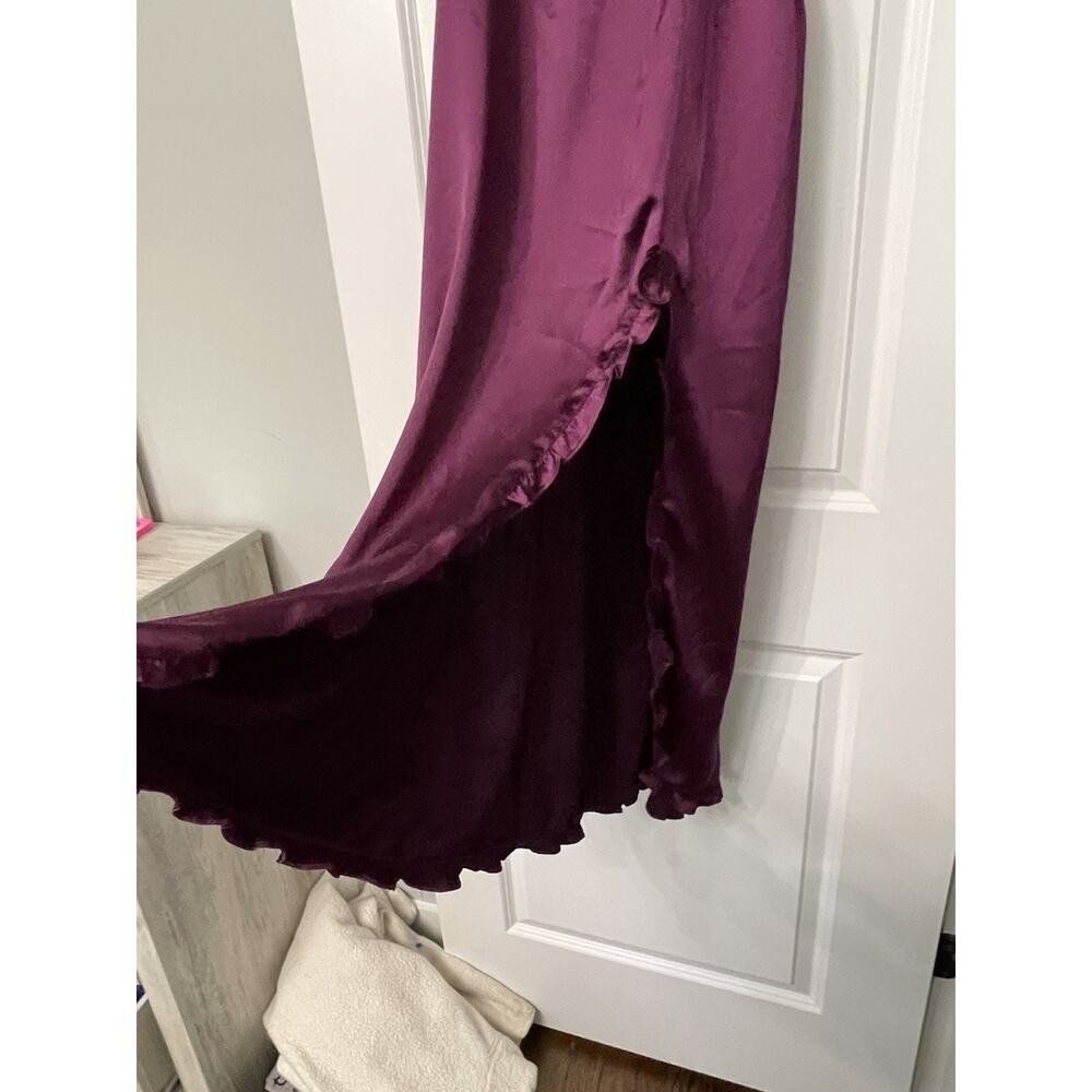 Whimsigoth Satin Slip Maxi Dress Deep Purple Ruffled Side Slit Witchy Evening M - Picture 2 of 15